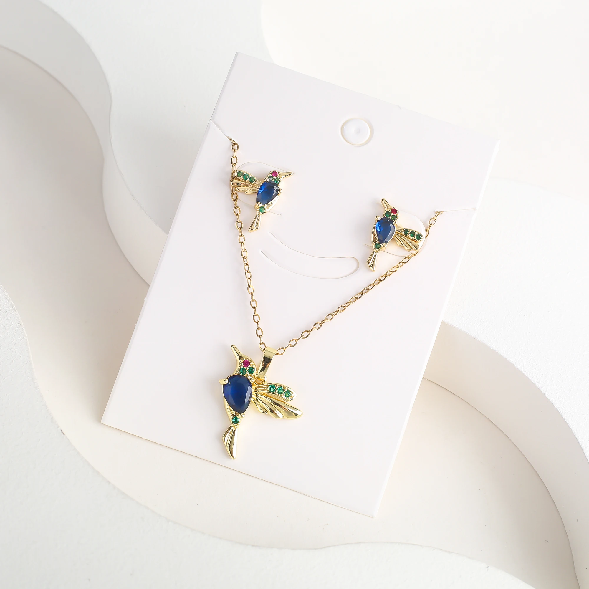 Classic Crystal Hummingbird Pendant Necklace Earring Set 7 Color Zirconia Animal Bird Necklace Girls Party Birthday Wedding Gift