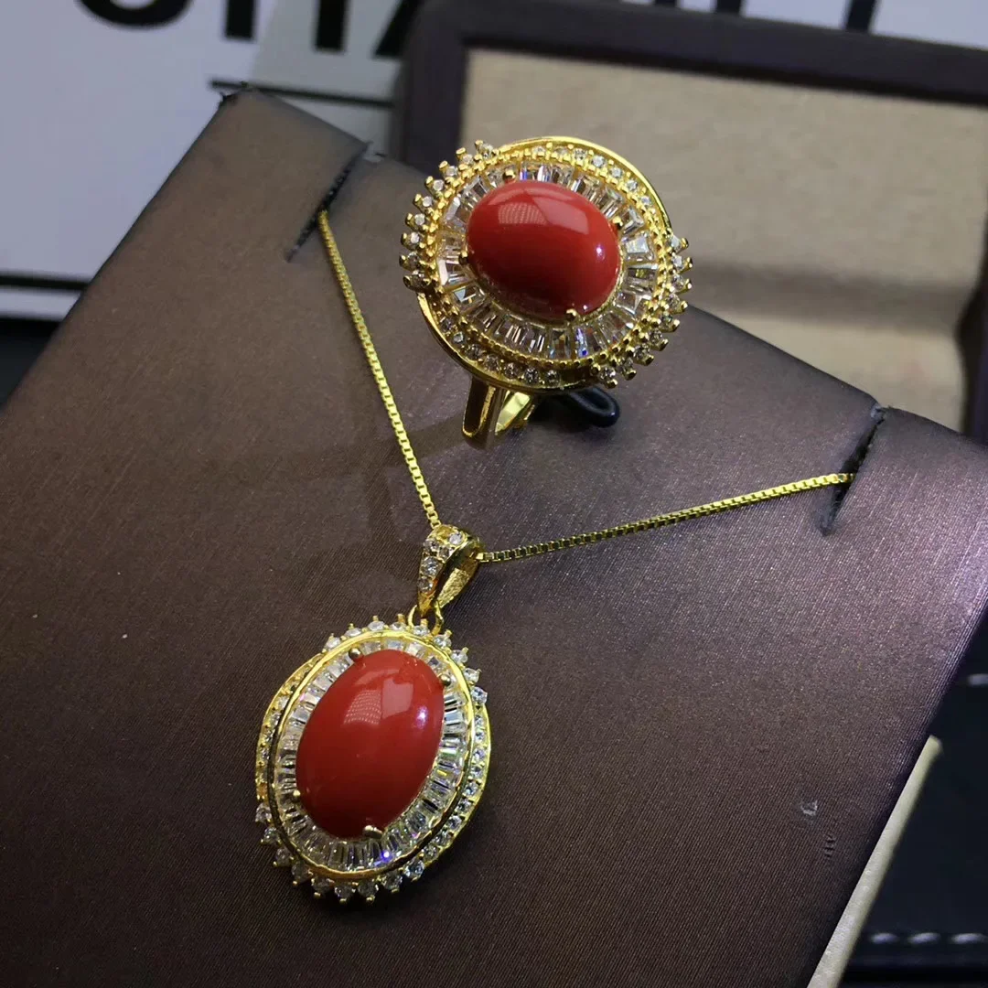 Girls' Natural Red Coral 8x12mm Large Gemstone Necklace Pendant Ring 3-Piece Set 925 Pure Silver Plated Gold Gift for Girlfriend