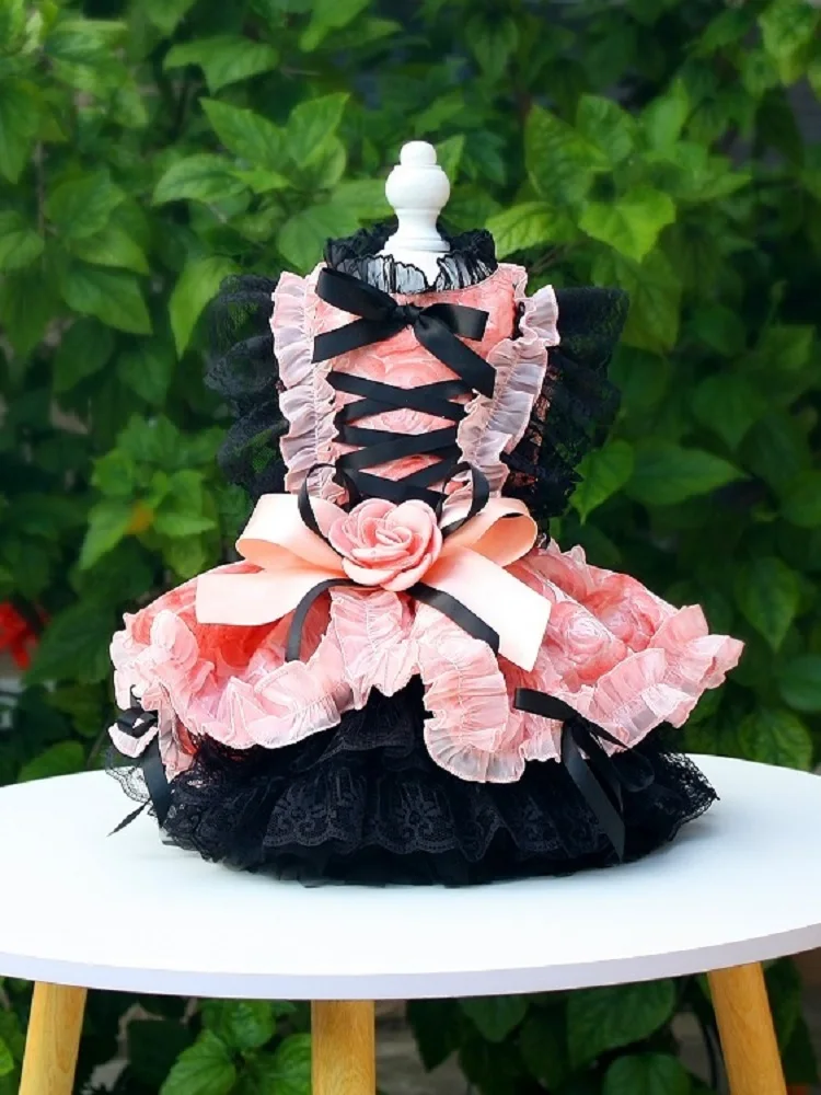 Handmade Gothic Black and Red Floral Detachable Skirt Pet Trailing Dress Luxurious Rose Lay Lace Dog Gown Wedding Party Holiday