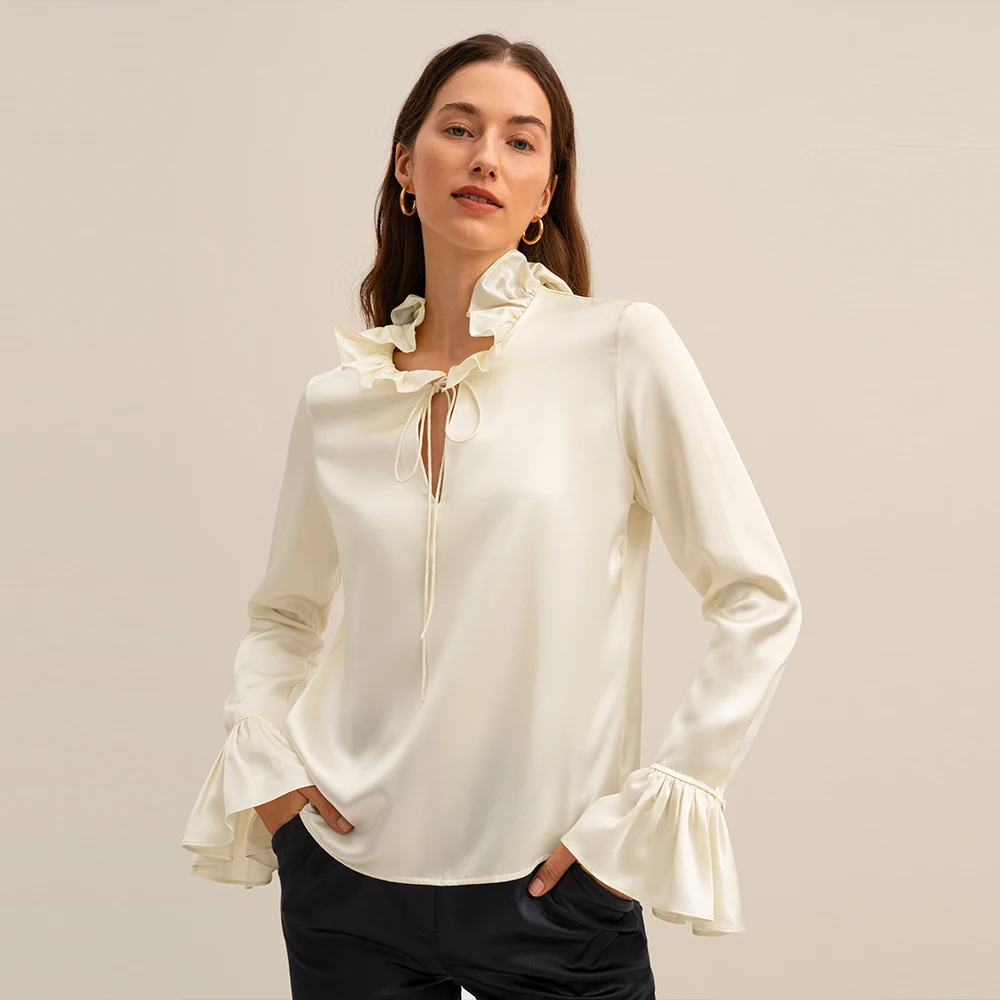 LILYSILK Silk Blouse for Women New 22 Momme Ruffled Collar Flare Sleeve Pullover Top Female Party Clothing Free Shipping