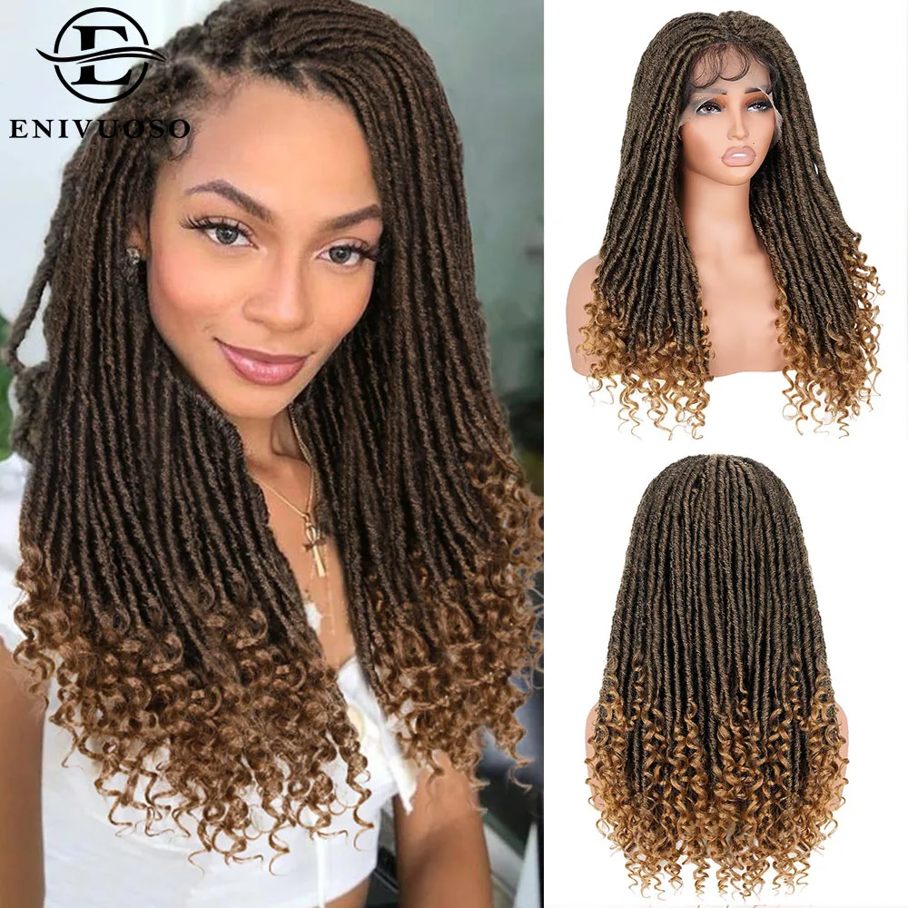 

Ombre Brown Goddess Locs Braid Wig Heat Resistant Lace Front Synthetic Faux Locs Dreadlock Wig for Women Daily Party Use 24Inch