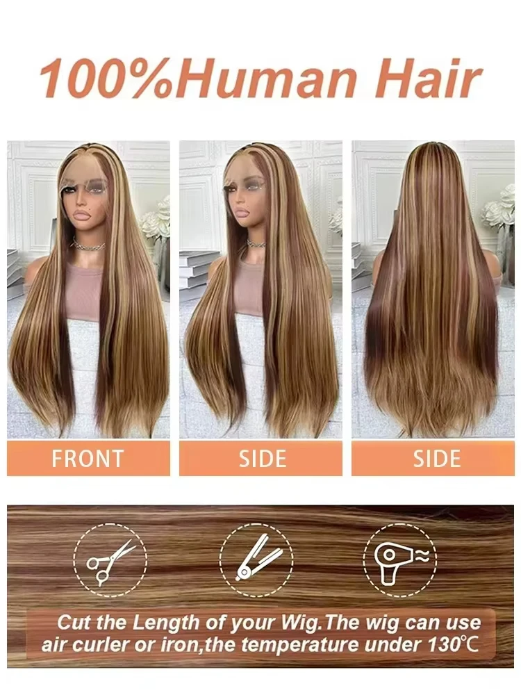 30 40 بوصة 4/27 أومبير براون تسليط الضوء على 13x6 HD الدانتيل الجبهة باروكة من شعر طبيعي عالية الكثافة العظام مستقيم الملونة الدانتيل شعر مستعار أمامي #5