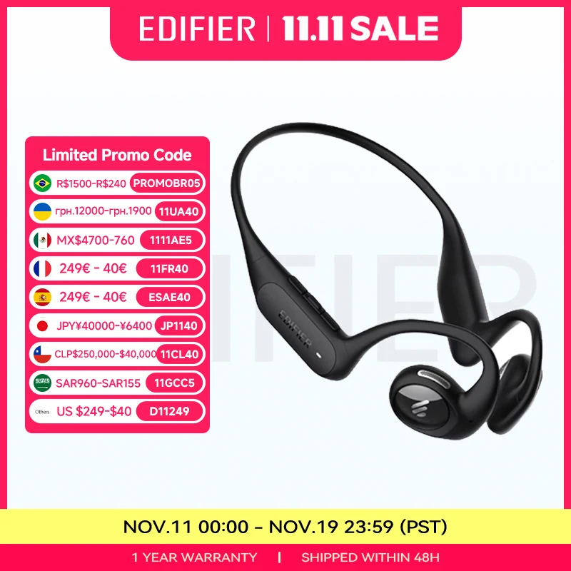 Edifier-Comfo تشغيل سماعات أذن لاسلكية مفتوحة بلوتوث ، سماعات رأس رياضية توصيل الهواء ، IP55 للماء ، تمارين باس عميق