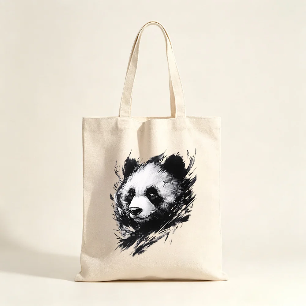 Vintage Sketch Panda Canvas Tote Bag Cute Panda Print Shoulder Bag Reusable Shopping Handbag Casual Book Bag Gift For Her/His.