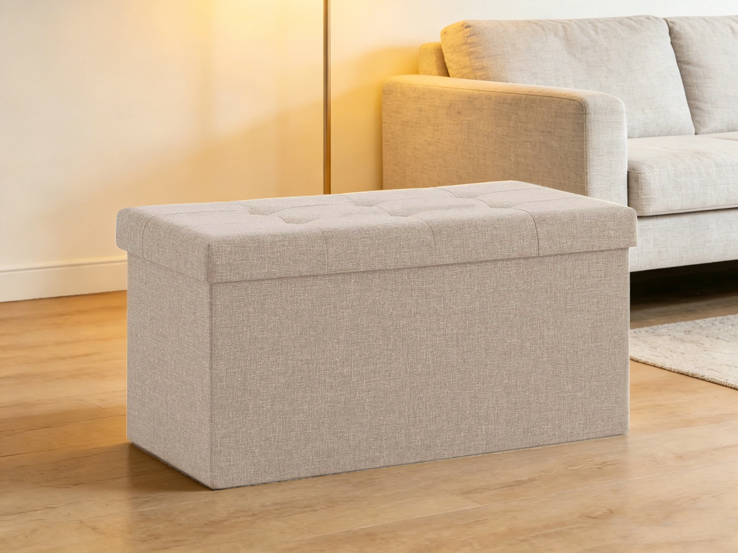 Banqueta Otomana de Lino Beige con Almacenamiento | Arcón Reposapiés Acolchado para Dormitorio y Salón | Soporta 300kg | Diseño