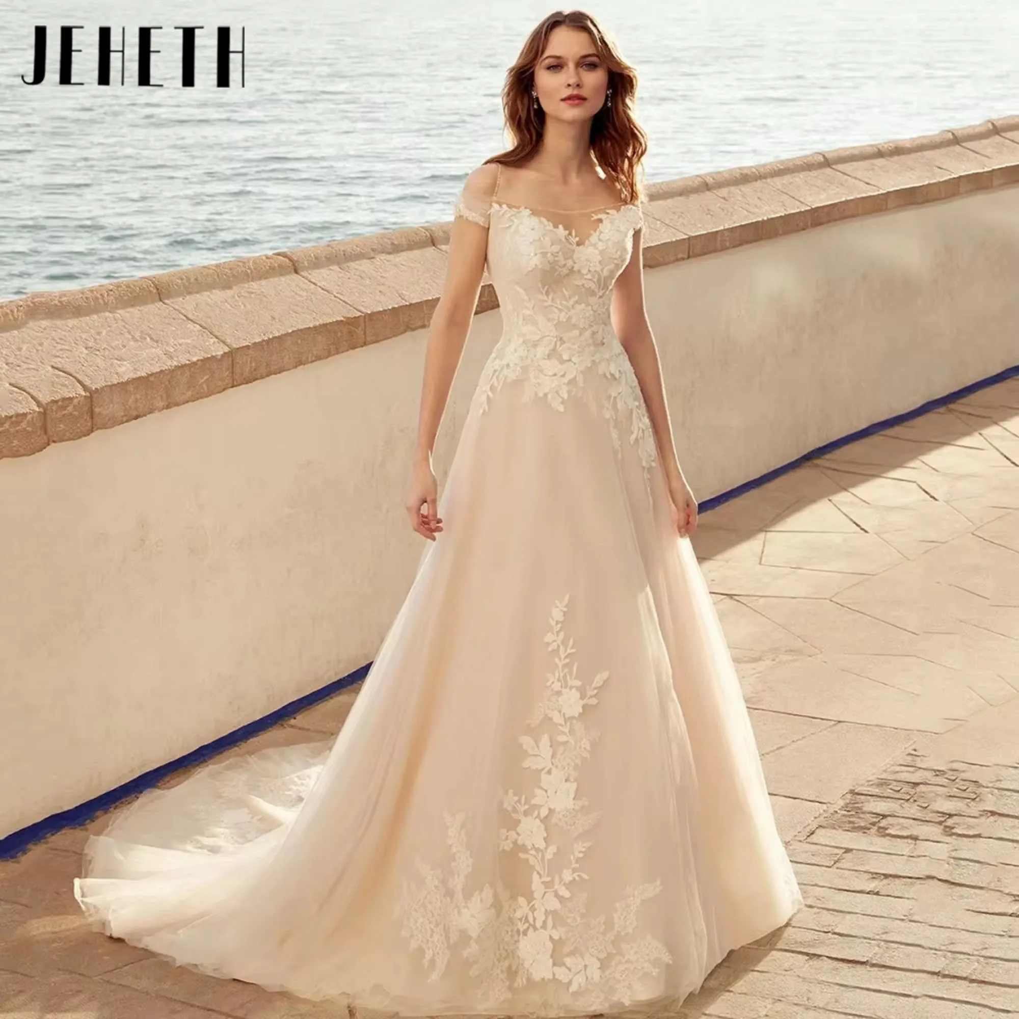 

JEHETH Luxury Off Shoulder Wedding Dress Classic Lace Appliques Strapless Bride Dress Appliques A-Line Bridal Gown Customized