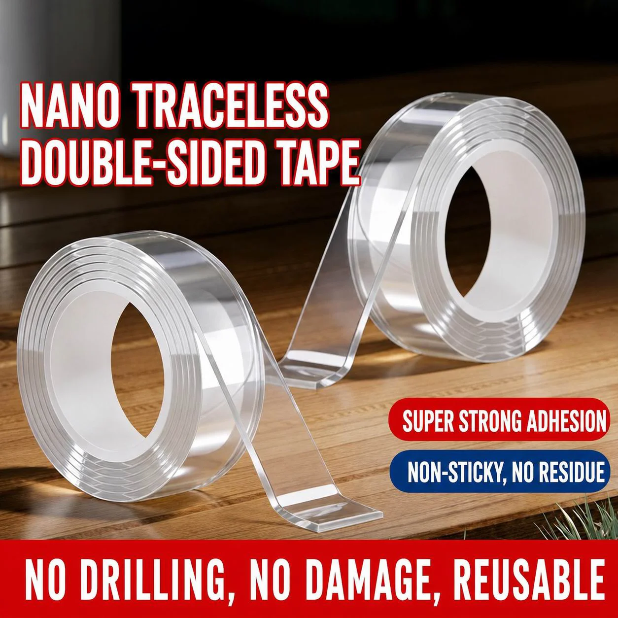 Double Sided Tape Heavy Duty(9.85FT), Nano Double Sided Adhesive Tape, Clear Mounting Tape Picture Hanging Adhesive Strips