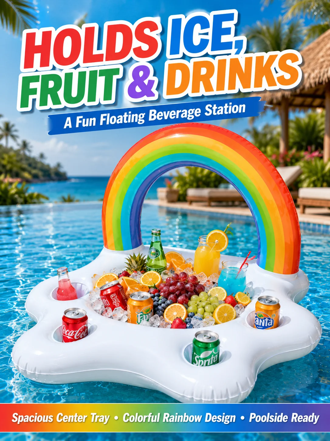 1PC Inflatable Rainbow Drink Cooler Float with Ice Bucket & Cup Holders, Pool Party Beverage Bar Float for Summer Swimming Pool