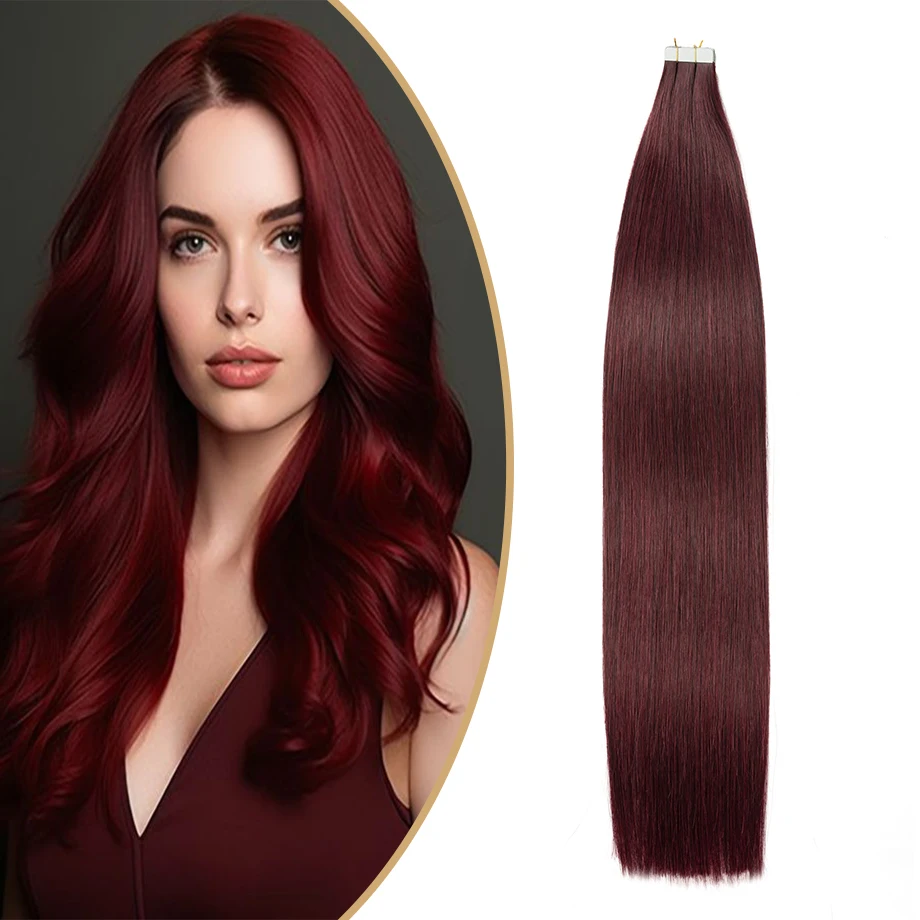 Tape In Hair Extensions 100% Natural Real Remy Human Hair Brazilian Silky Straight Balayage Extension Burgundy Golden For Woman