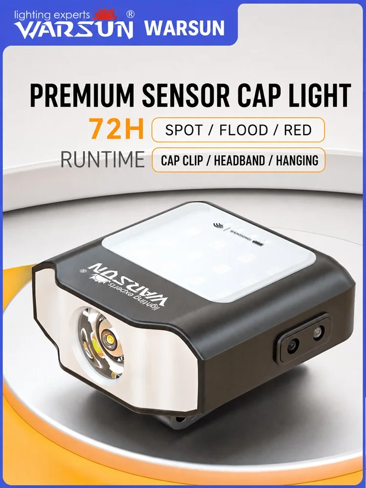 WARSUN CL1300 Rechargeable Fishing Headlamp, Motion Sensor LED Cap Clip Light with Red Light for Night Fishing and Outdoor Use