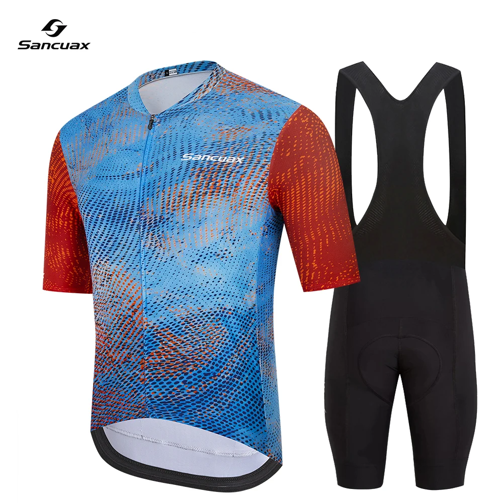

Sancuax Men Short Sleeves Cycling Jersey Set Ropa Ciclismo Hombre Summer Cycling Clothing Triathlon Bib Shorts Suit Bike Uniform