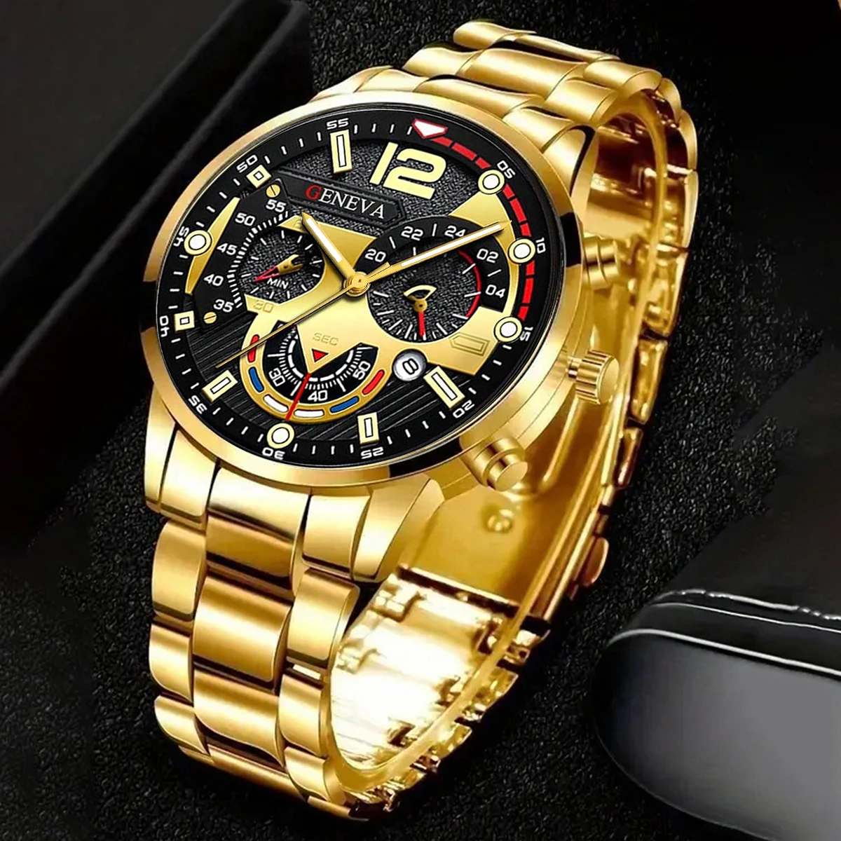 Men's Geneva Watch Set 3 Models Luxury Chronograph Quartz Wristwatch Stainless Steel Strap Men's Business Casual