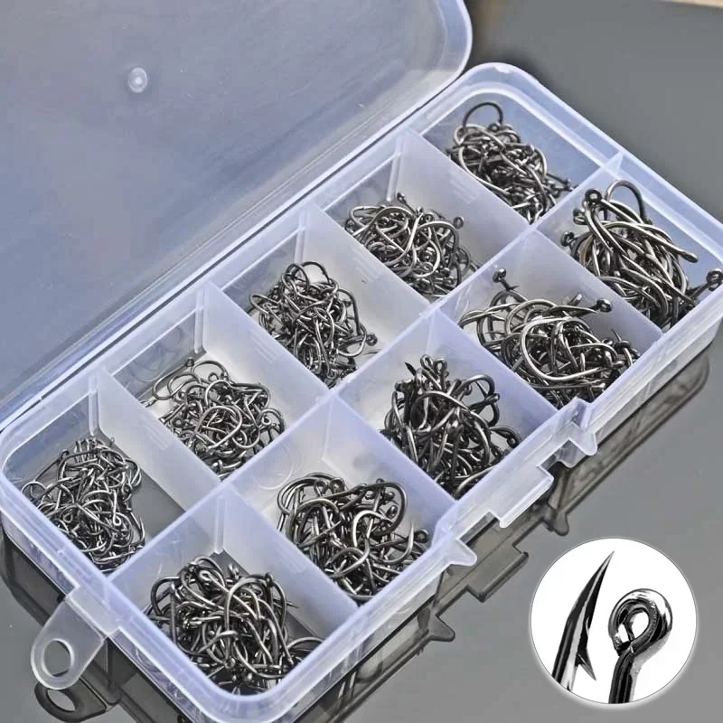 600/100Pcs Angelhaken Set Gemischte Größe High Carbon Stahl Karpfen Seil Karpfen Angelhaken Angeln Zubehör Offset Kreis haken