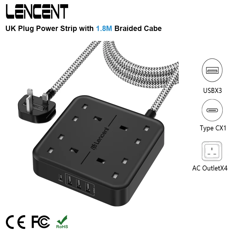 LENCENT UK Plug Power Strip with 4 AC Outlet 3 USB 1 Type C Multi Power Plug Extension with1.8M Braided Extension Cord for Home