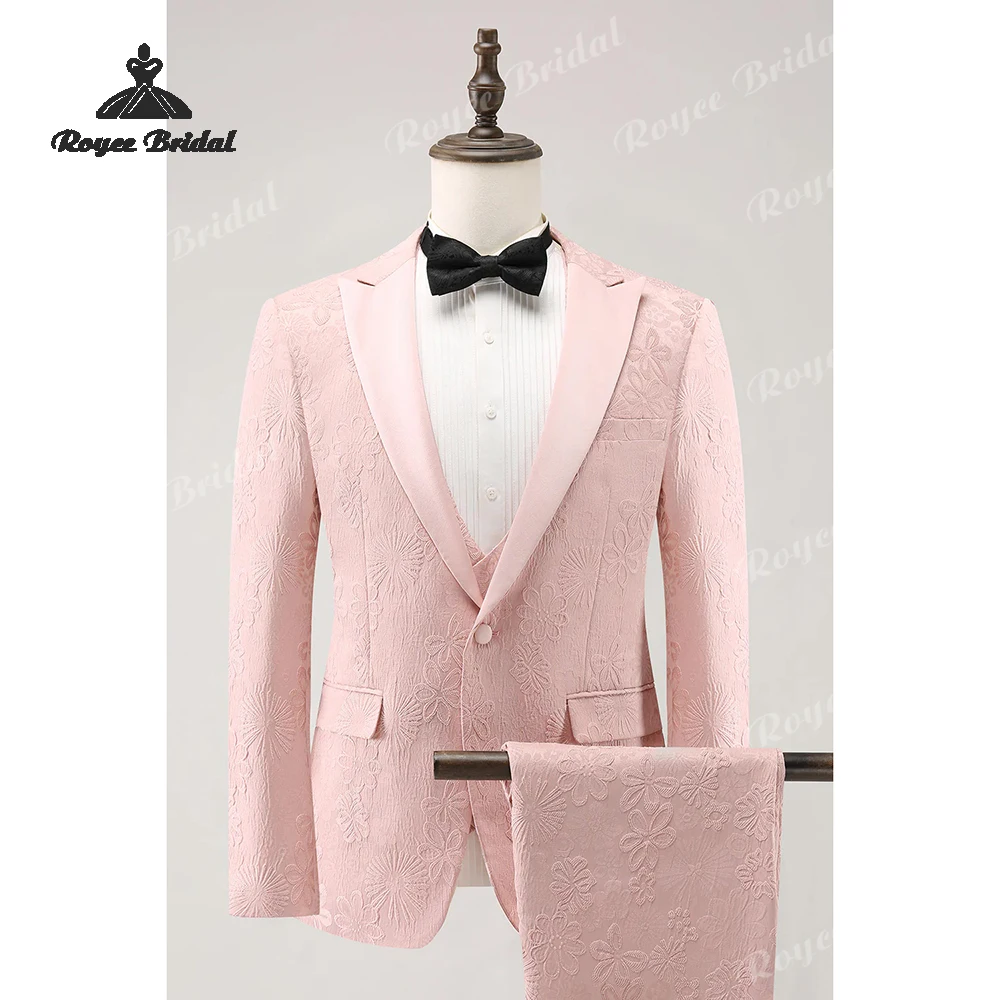 Light Pink Jacquard Three Piece Men's Wedding Suit 2026 Peak Lapel One Button Evening Suit Customized trajes para hombre