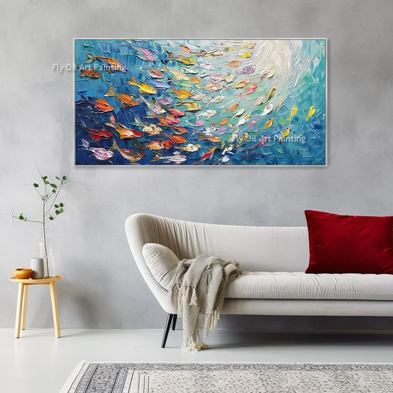 Original Fish School Oil Painting On Canvas Handmade Large Wall Art Abstract Blue Ocean Painting Textured Art Room Wall Decor