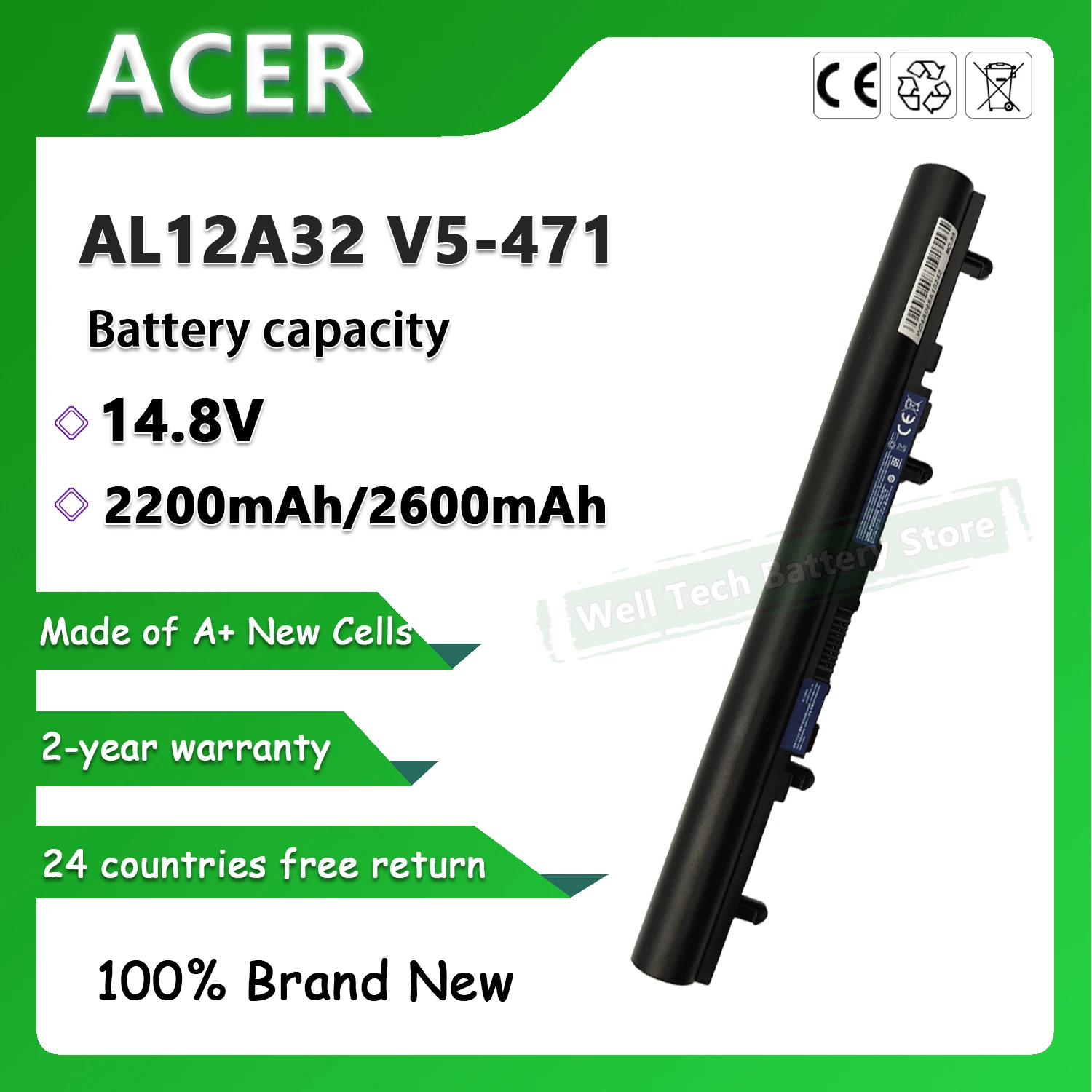 Batería del ordenador portátil de 14,8 V 2200mAh AL12A32 V5-471 para la serie V5 V5-471 de ACER Aspire V5
