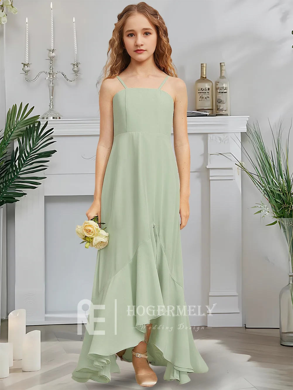 

B A-Line Junior Bridesmaid Dress Mint Frost Flower Girl Dress Square Neck Asymmetrical Chiffon Garden Gala Dance Wedding