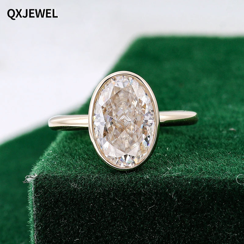 QXJEWEL Sapphire Moissanite Engagement Ring Oval Cut 1 Carat D Color Bezel Setting Au750 For Women Free Shipping