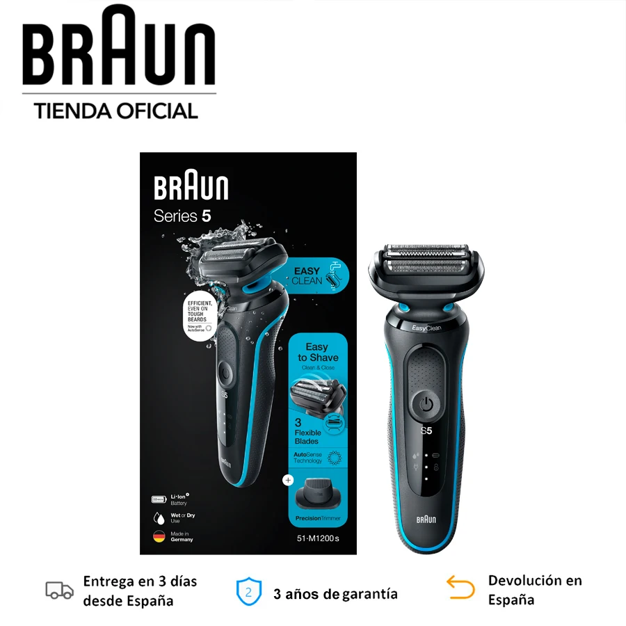 브라운 시리즈 5 51-M1200s 남성용 전기 면도기, 무선 습식 및 건식 이지클린 시스템, 자율 최대 50 분 전기 면도기