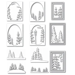 Layered Forest Trees Pattern Background Metal Cutting Dies for 2022 New Scrapbooking Square Frame Stencils Greeting Card Making