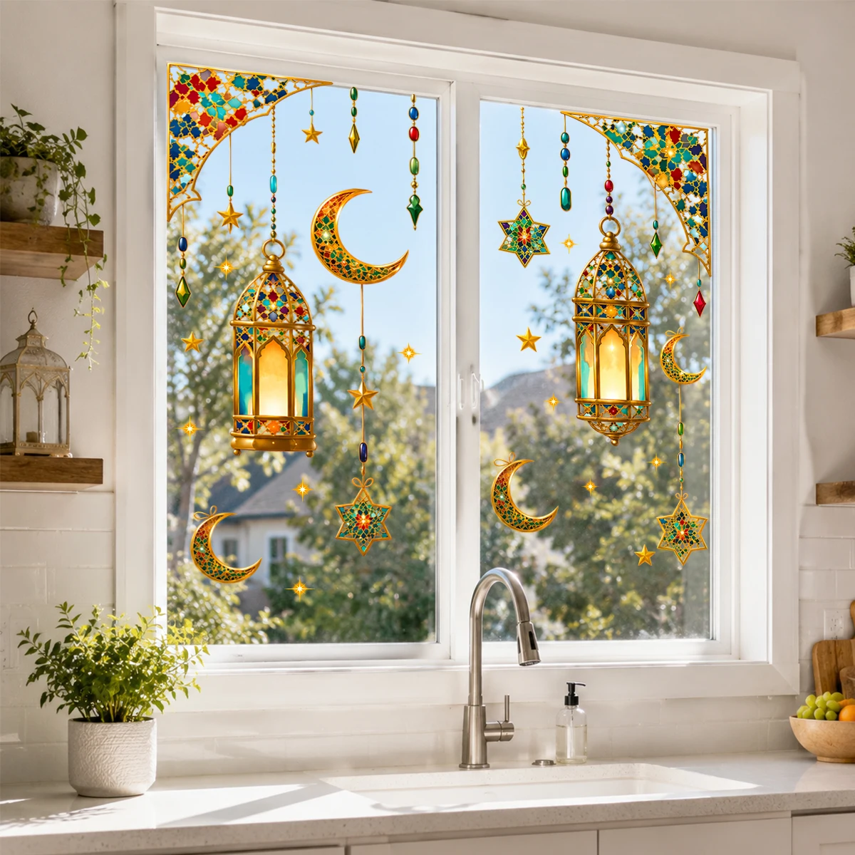 Ramadan Kareem Wall Decal Islamic Window Sticker Lantern Moon Star Wall Decor Muslim Eid Mubarak Home Decoration Removable Wall