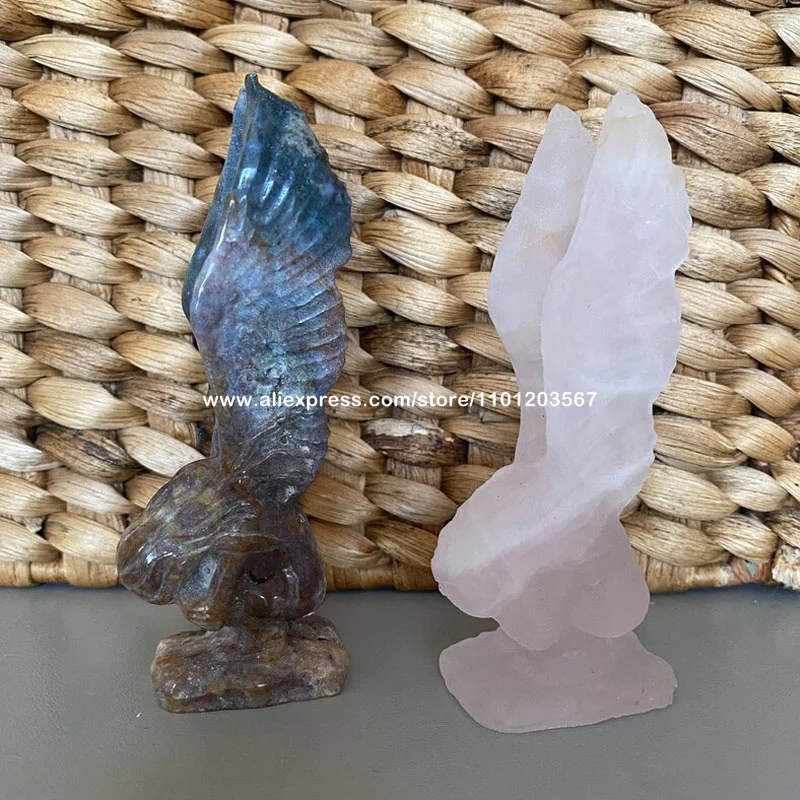 Beautiful Hand Carved Crystal Fallen Angel Sculpture Religious Home Decor Fluorite Yooperlite Ocean Jasper Amethyst Rose Quartz