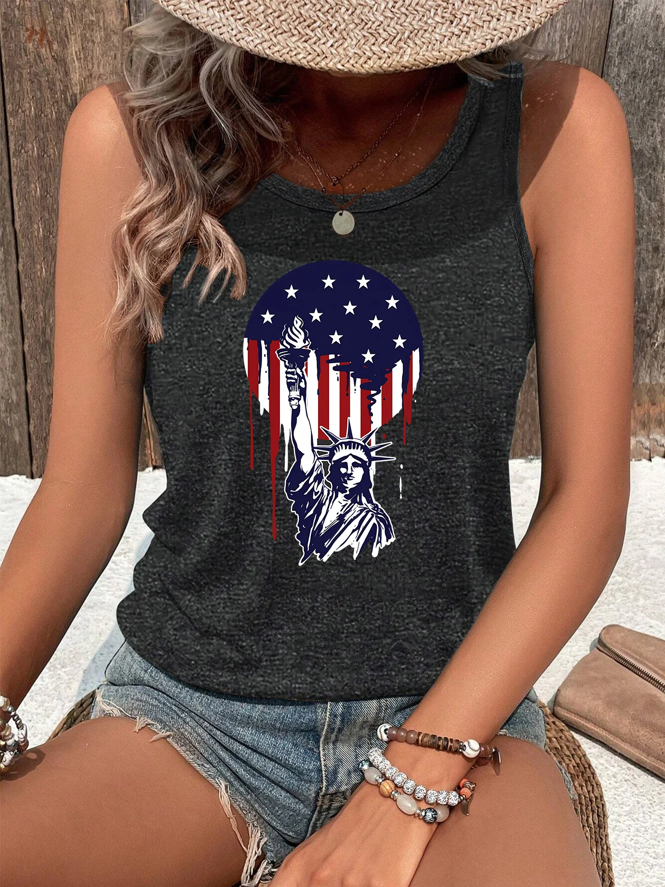 US National Flag & The Statue Of Liberty Graphic Fashion Funny Sports Women's Tank Top Loose O Neck Sleeveless Casual Tank Top