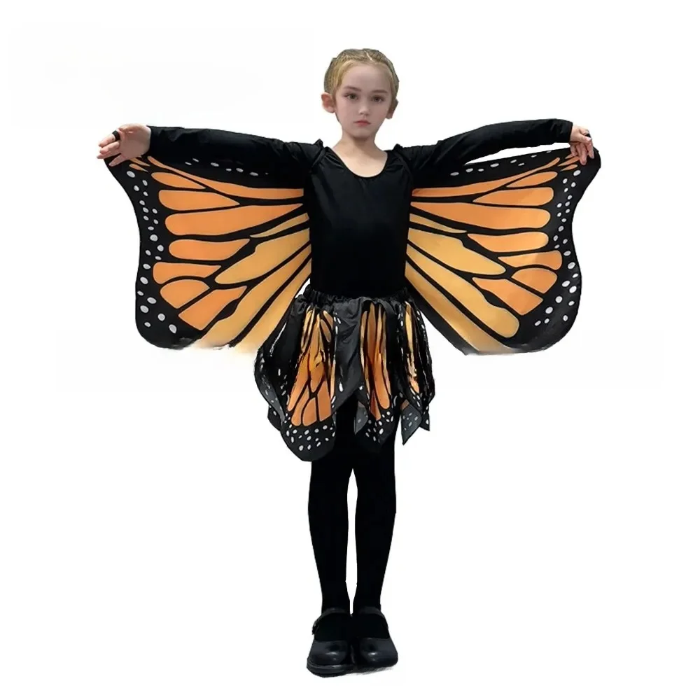 Pomarańczowa spódnica z podwójnym nadrukiem ze skrzydłami motyla Szyfonowa sukienka dla dziewczynki Kostiumy na imprezę dla dzieci Zestaw wróżek na Halloween dla Cosplay — zdjęcie 2