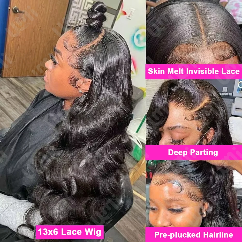 Umi sin pegamento 13x4 HD onda del cuerpo pelucas frontales de encaje transparente brasileño 300% densidad real 100% cabello humano 32 pulgadas color Natural