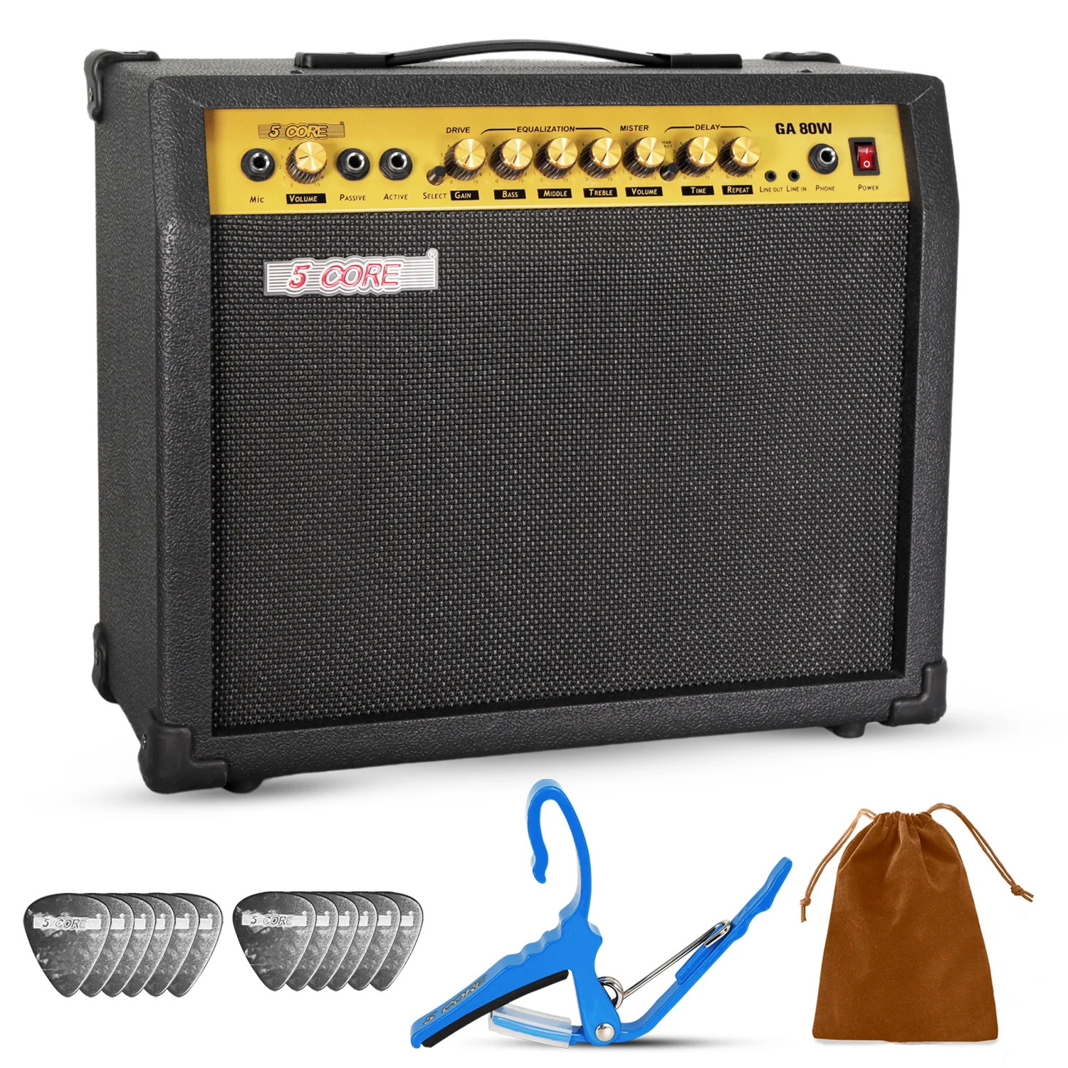 

5 Core Guitar Amp 80 Watt Electric Amplifier w Built in 10" Speaker Portable Mini Practice Amps GA 80W GLD-BLK