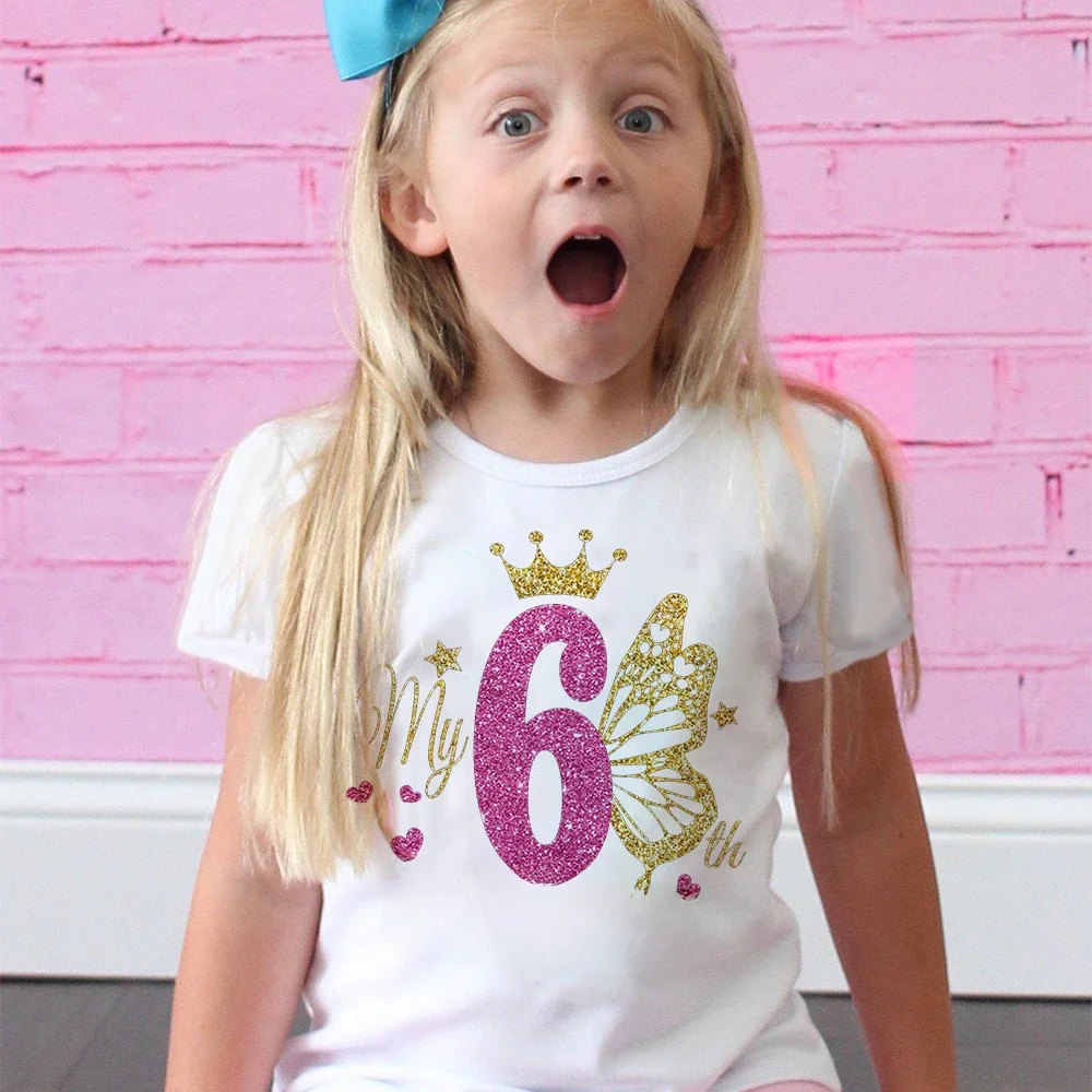 Filles chemise d'anniversaire 1-12 anniversaire T-Shirt sauvage T-Shirt filles fête T-Shirt papillon imprimé vêtements enfants cadeaux hauts à la mode T-Shirt