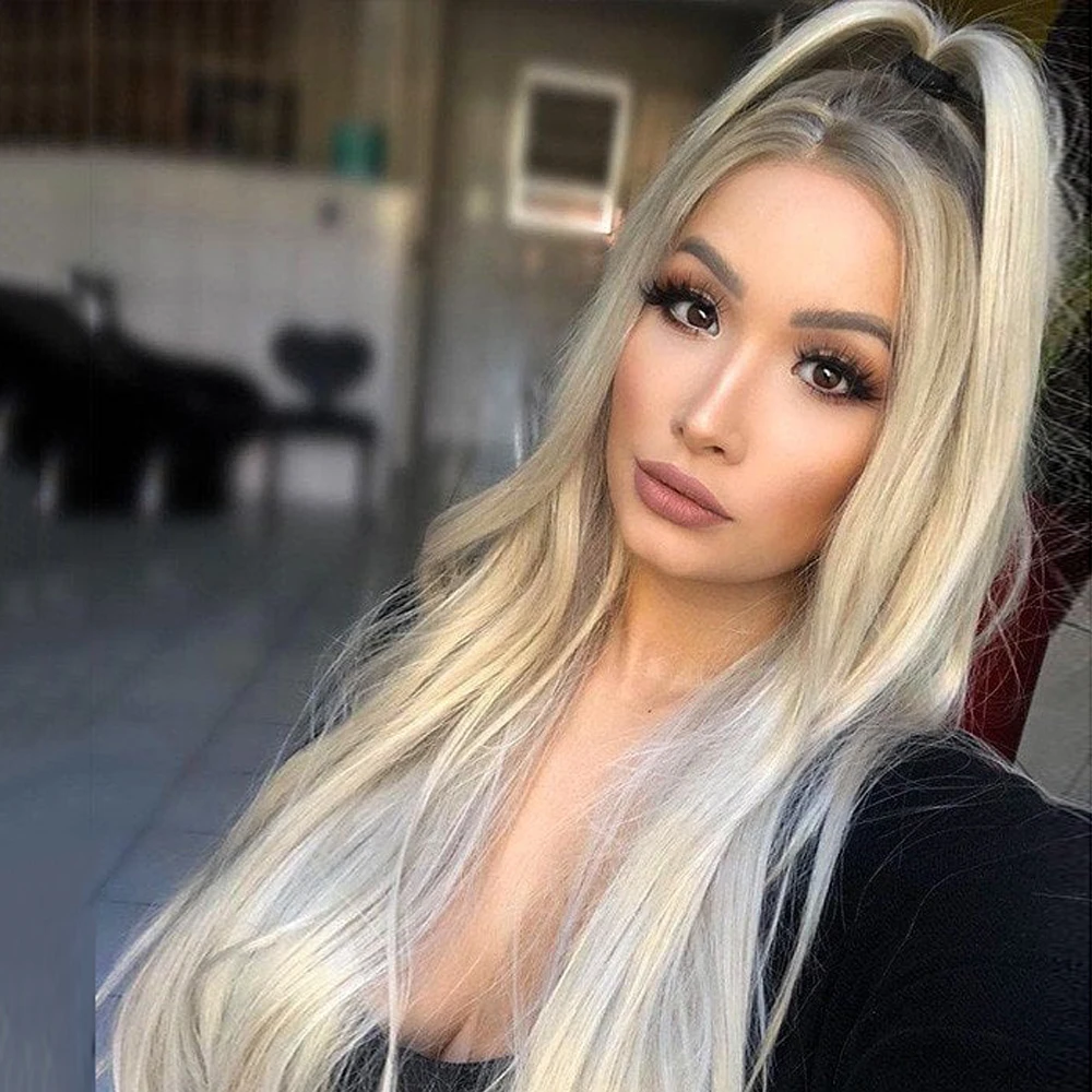 Perruque Lace Front Wig synthétique lisse blond glacé platine, perruque longue en fibre de haute qualité et respectueuse de la chaleur, ressemble à des cheveux naturels