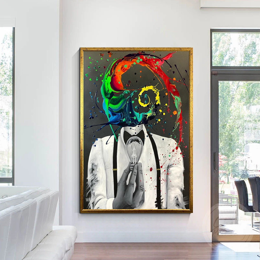 

Colorful Head Man Posters Prints Abstract Man Holding Light Bulb Wall Art Canvas Painting Pictures Living Room Home Decoration