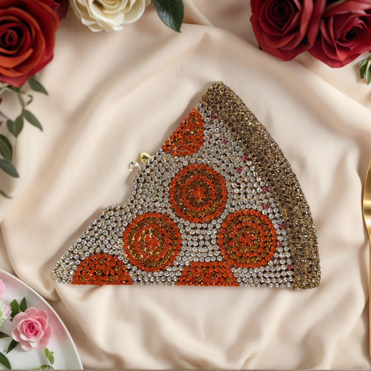 

Funny Women Pizza Shaped Evening Bag Chic Rhinestone Crystal Clutch Cocktail Party Purse Handbag for Prom Banquet
