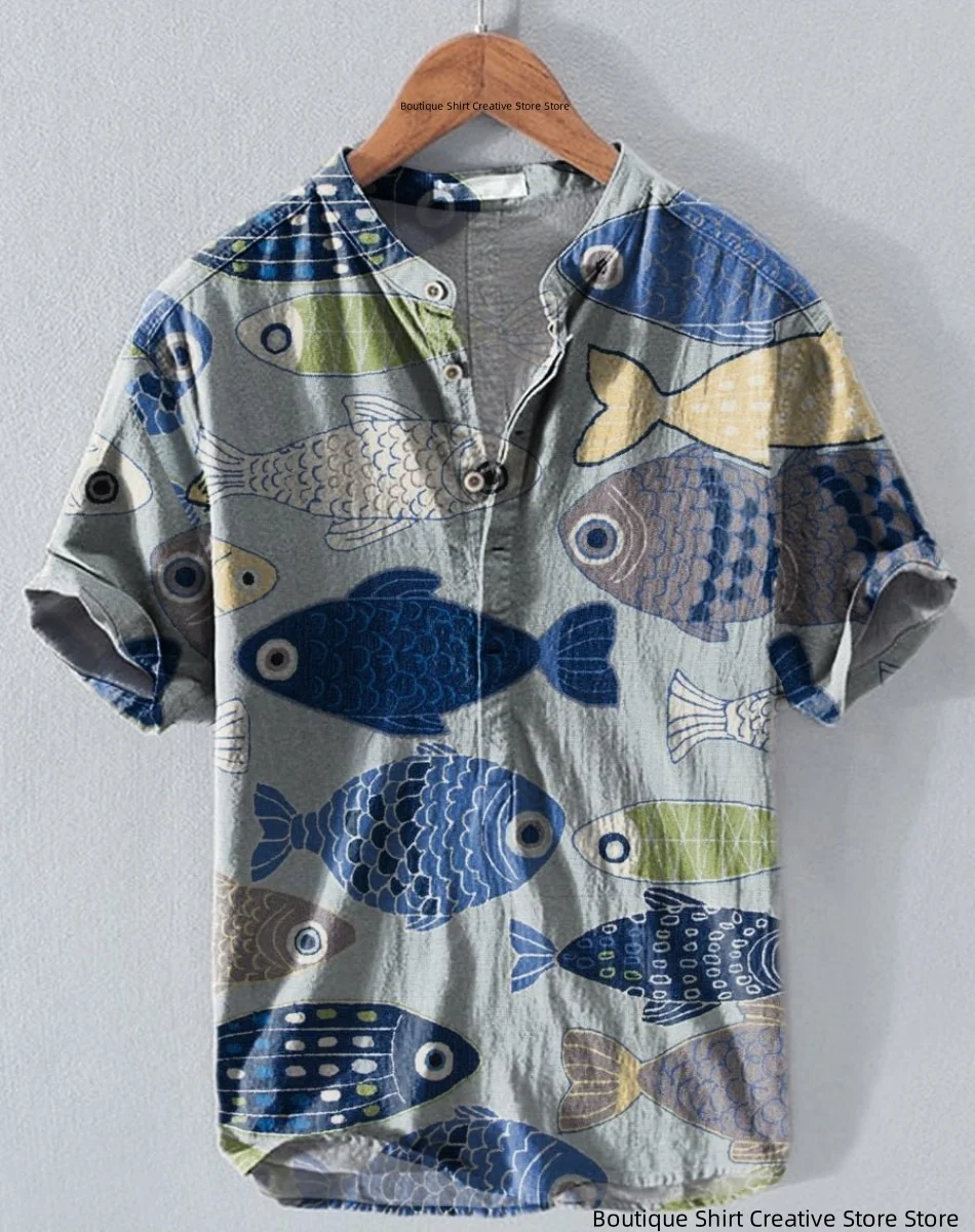 

Новая льняная рубашка-пуловер с 3D-принтом, уличная модная повседневная рубашка, пуловер серии с 3D-принтом рыбы Быстрая доставка