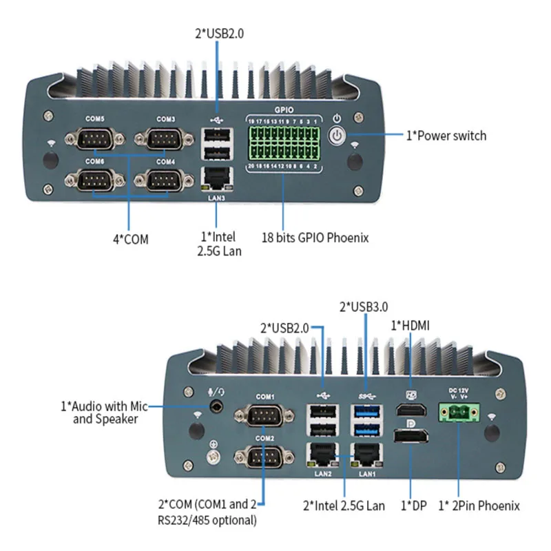 Partaker J6412 Mini PC senza ventola 6 COM Triple LAN HDMI DP Win11 Linux TPM 2.0, 9-36 V Ampia tensione, Computer industriale