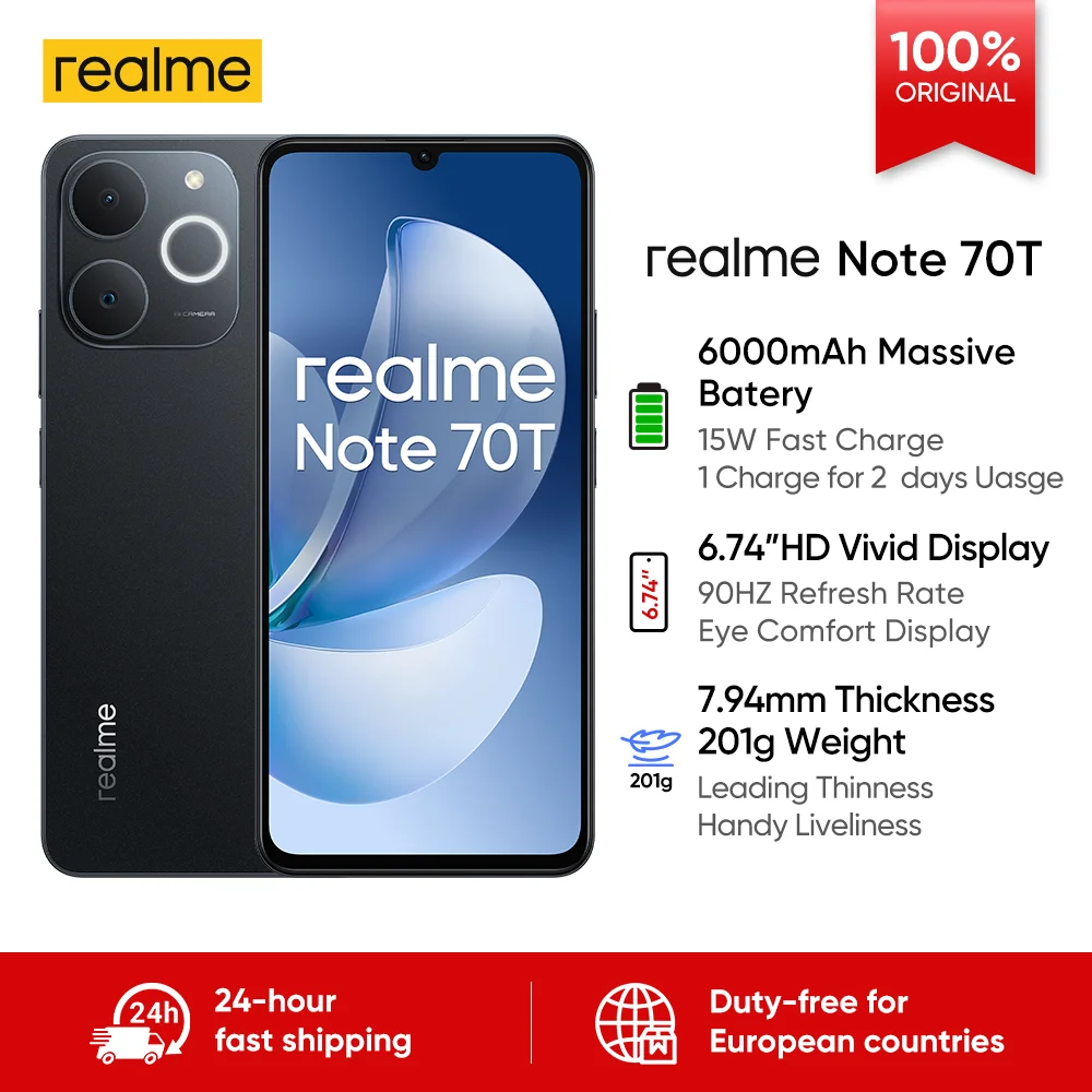 Teléfono Inteligente Realme Note 70T AI, Versión Global, Pantalla de 6.75 Pulgadas y 90Hz, Batería de 6000mAh, Cámara de 13MP con IA, Chipset Octa-Core, IP54