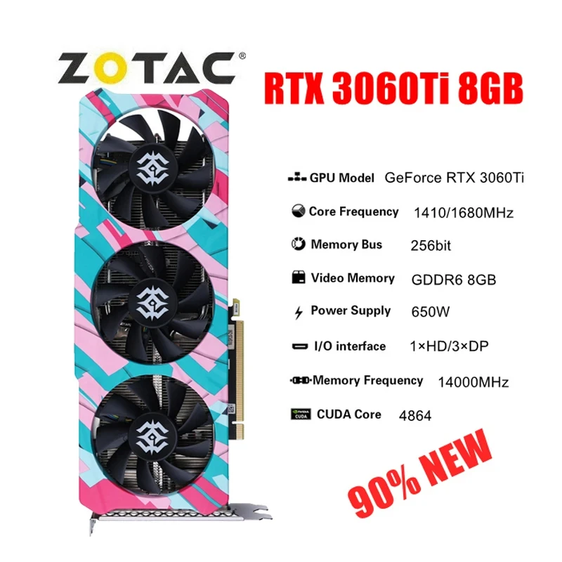 2024 Utilisé ZOTAC GeForce RTX 3060 Ti 8GD6 X-GAMING GDDR6 256bit Cartes Vidéo GPU Carte Graphique RTX 3060Ti 8GB