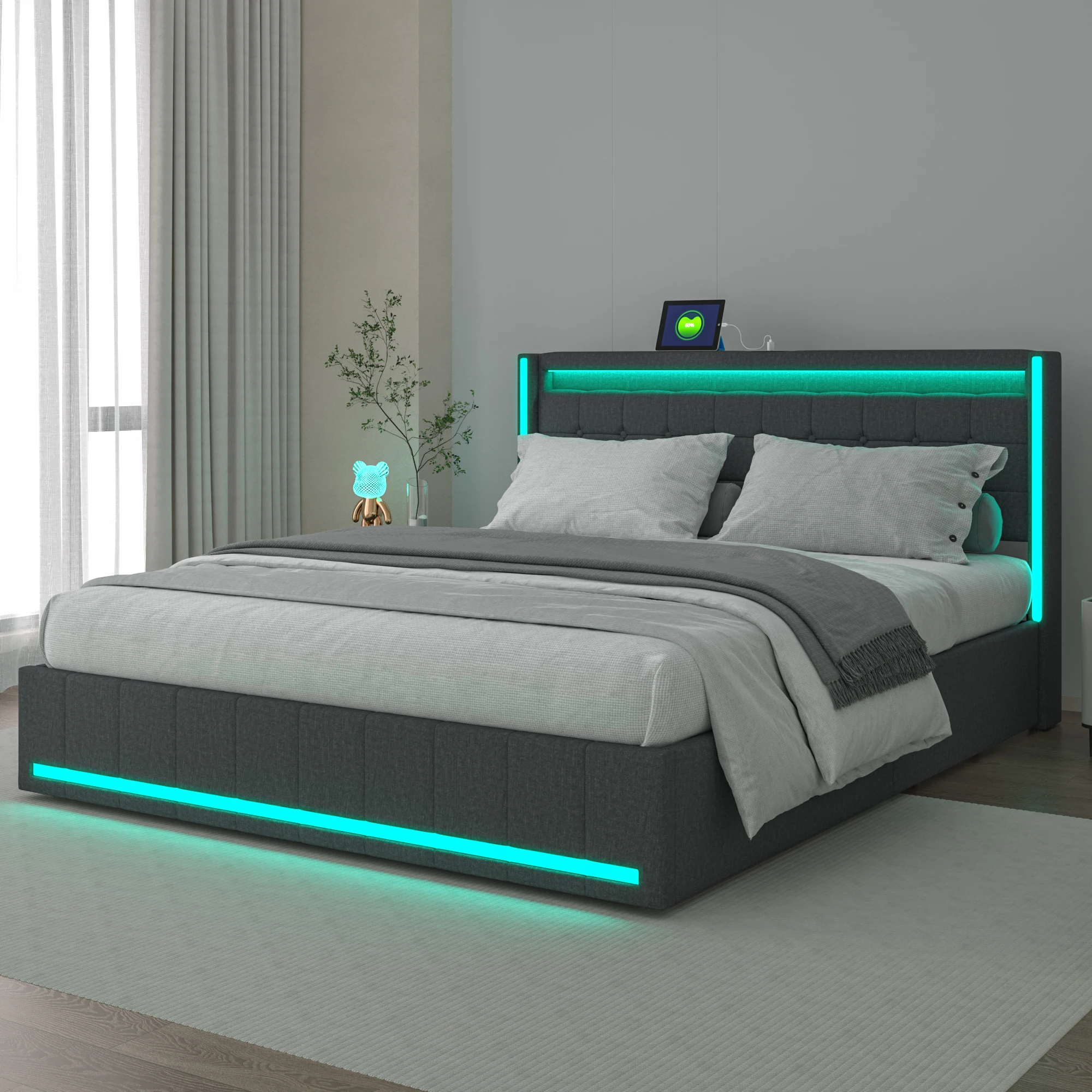 Anajqaqia Letto matrimoniale imbottito 160x200 cm con 4 cassetti portaoggetti con ruote, struttura letto moderna per adulti, tessuto in lino grigio