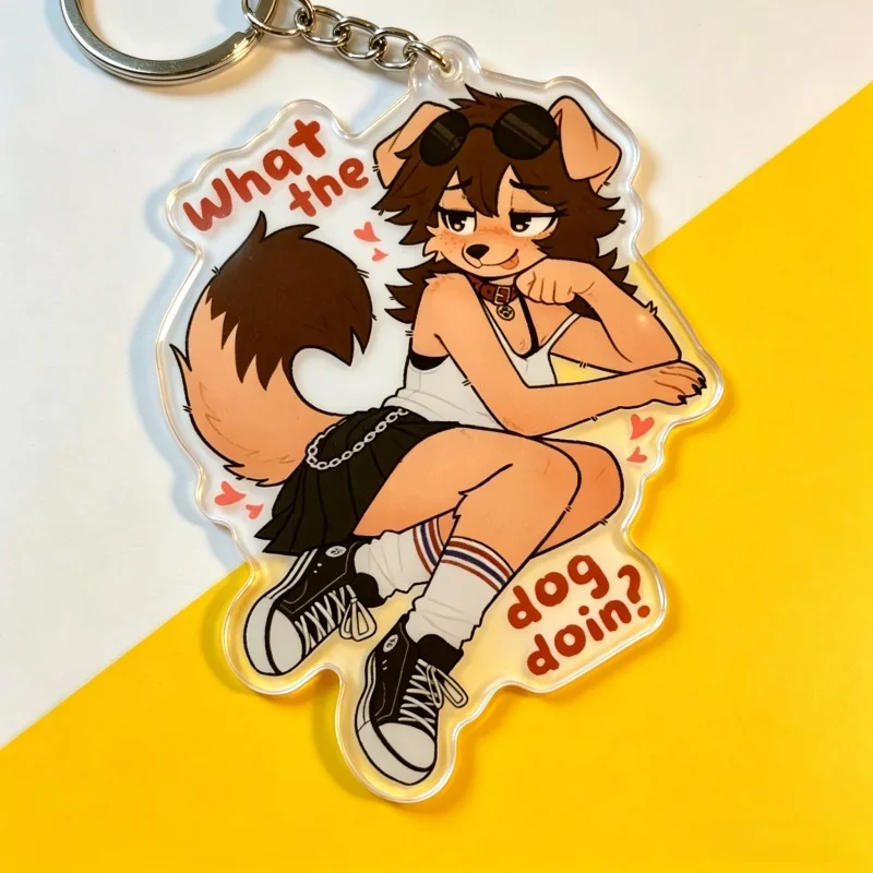 Buttercup Furry Acryl-Schlüsselanhänger, 10,2 cm, niedlicher Anime-Charakter-Schlüsselanhänger „What The Dog Doin“ für Fans-Kollektion