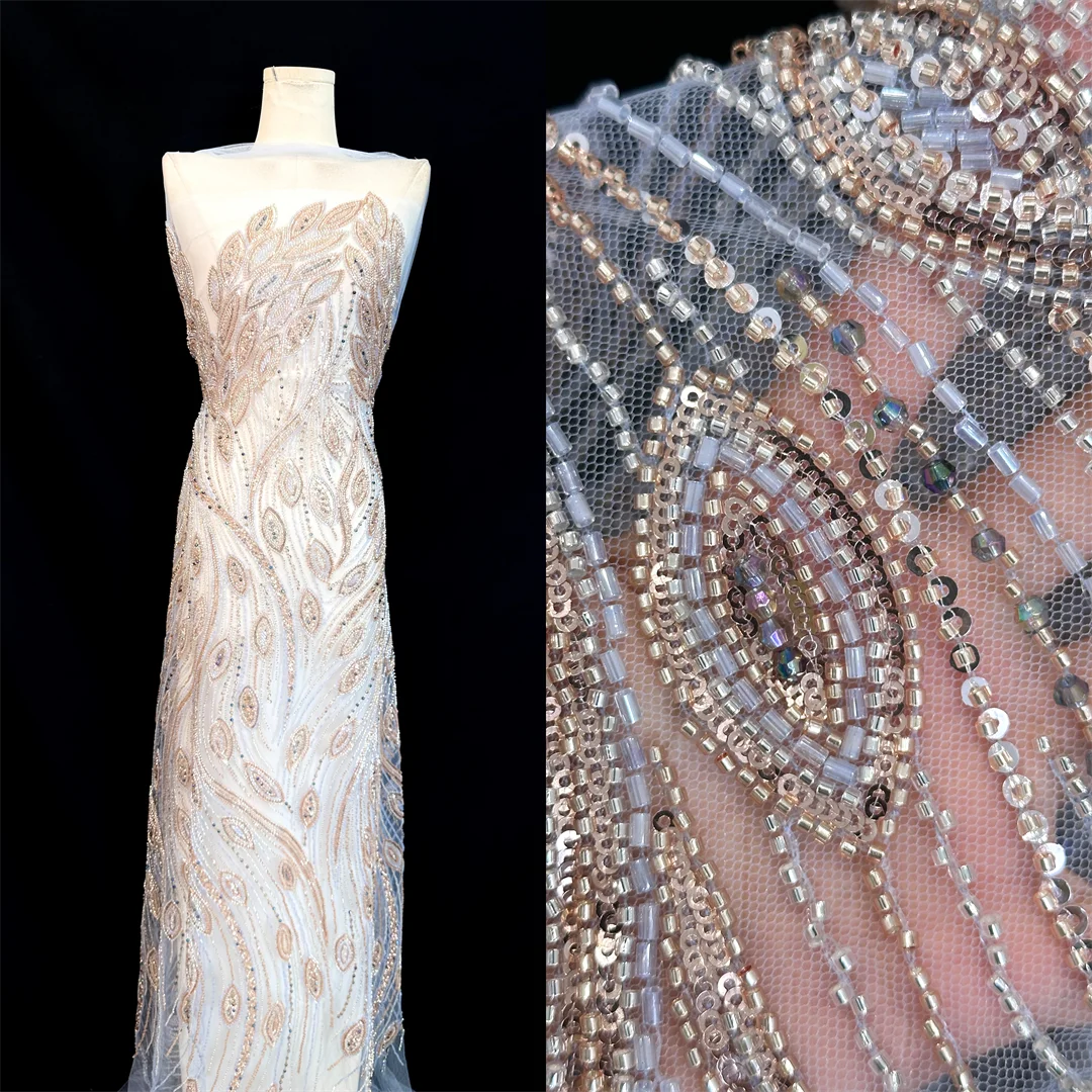 Luxury Heavy Lace Tulle Fabric with Sequin and Beaded Details Peacock Pattern Design for Sewing High Quality Noble Evening Dress