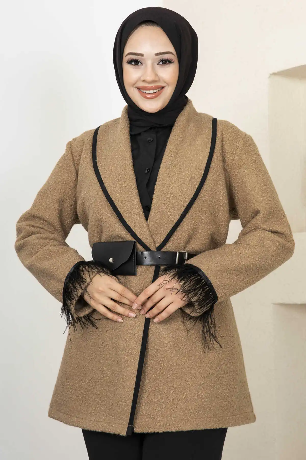 

Women Belted Boucle Hijab Jacket Abaya 2024 Fashion Ramadan Eid Puff Sleeve Muslim Robe Dubai Turkey Dress Islamic Long Kimono