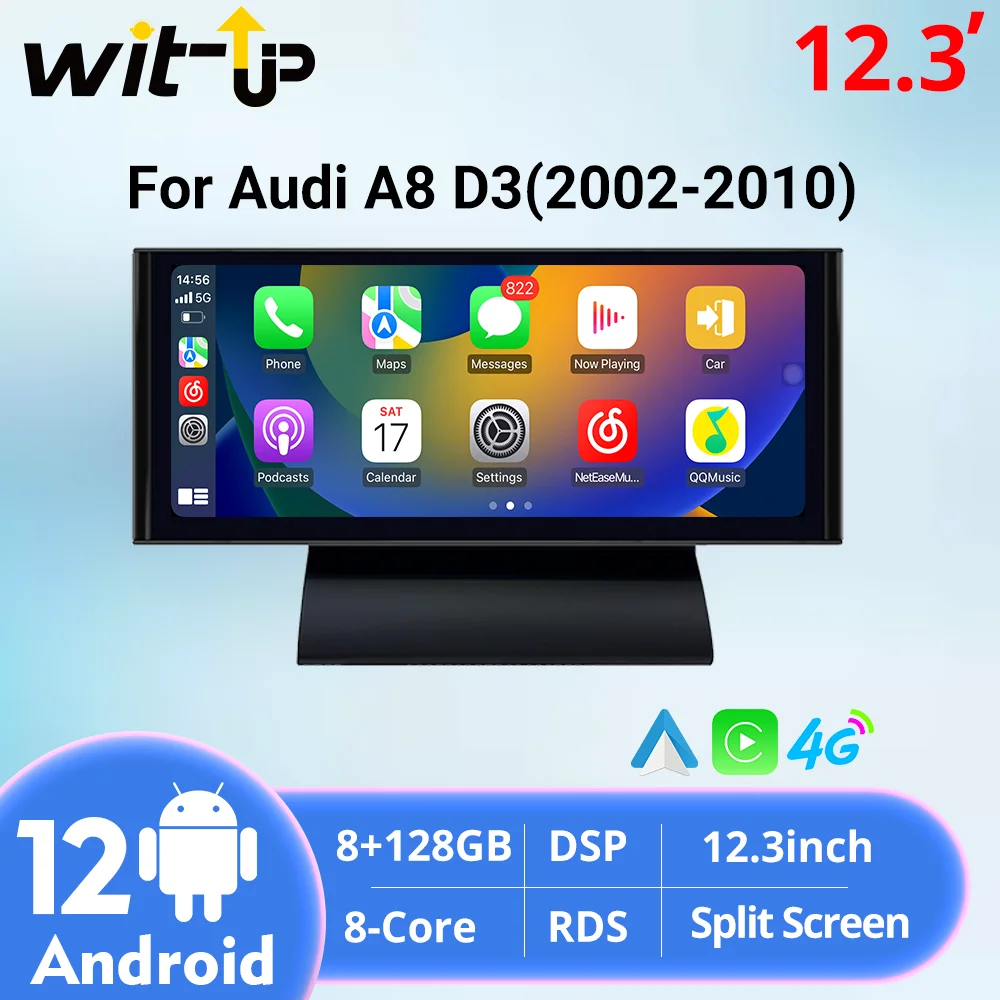 

Wit-Up Car Stereo For Audi A8 S8 D3 (2002-2010) 12.3" Touchscreen GPSNavi Android Autoradio Radio Carplay Multimedia Android13
