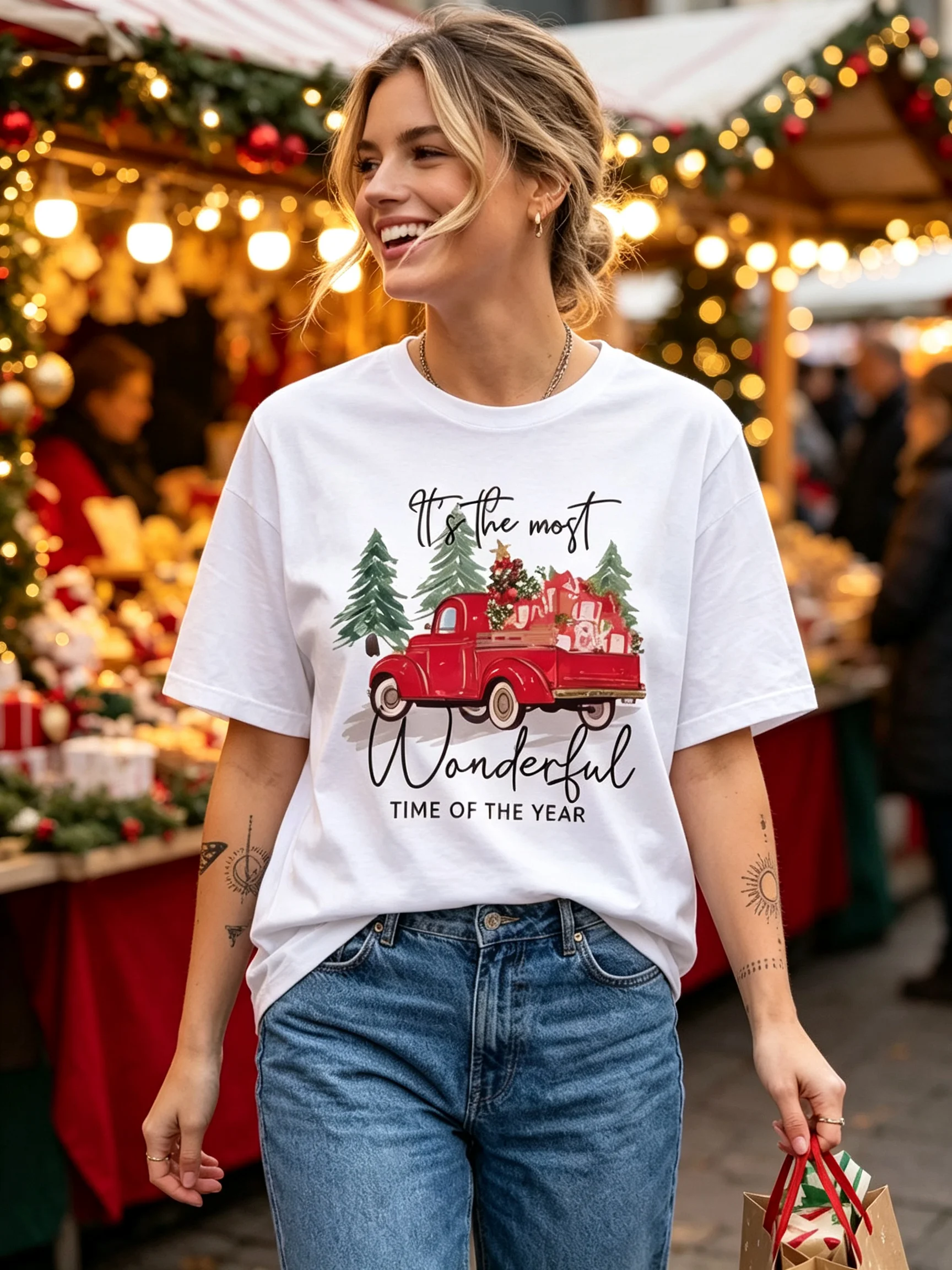 Christmas Letter Slogan Christmas Tree Gift Decoration Car Graphic Breathable Print Round Neck Short Sleeve Christmas T-Shirt Casual S Shirt New Women's Holiday Gift Top Short Sleeve