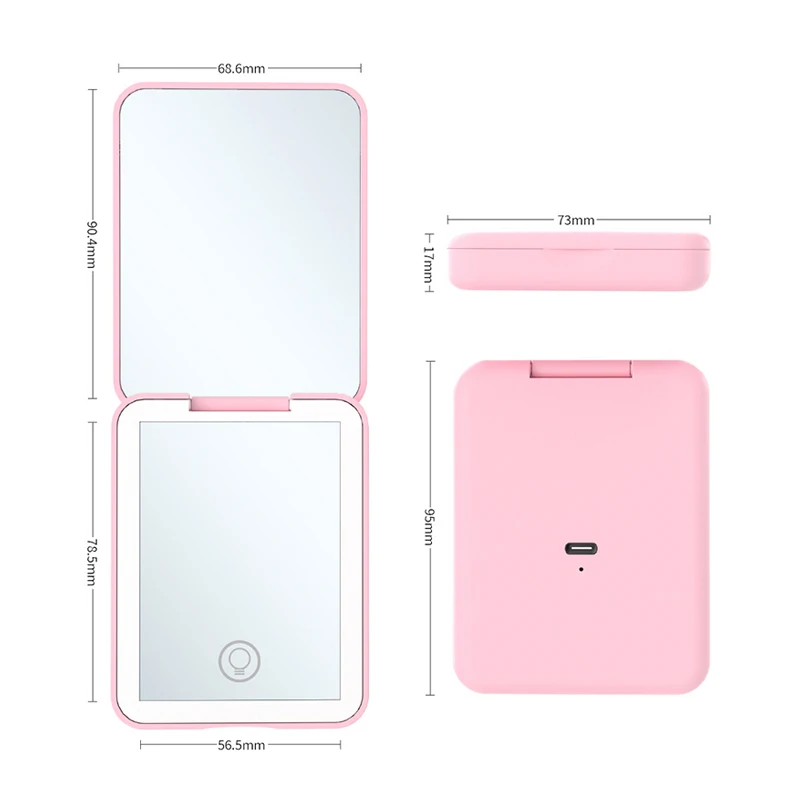 مرآة مكياج LED بزر واحد، مفتاح مغناطيسي ثلاثي الألوان، مرآة محمولة قابلة للطي، مرآة مكياج، مرآة زينة