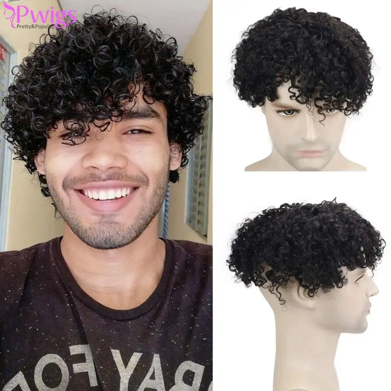 

Pwigs Afro Curly Men Toupee Brown Color #1B Human Hair Wigs Full Swiss Lace Toupee Hair Piece For Black Men's wig 10X8inch