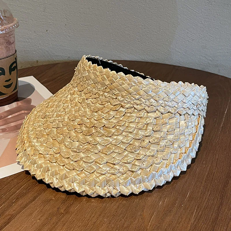 Sombrero de visera de mimbre para mujer, visera de hoja de palma Natural, gorra de ala ancha, sombrilla para niña, sombrero de paja para playa,