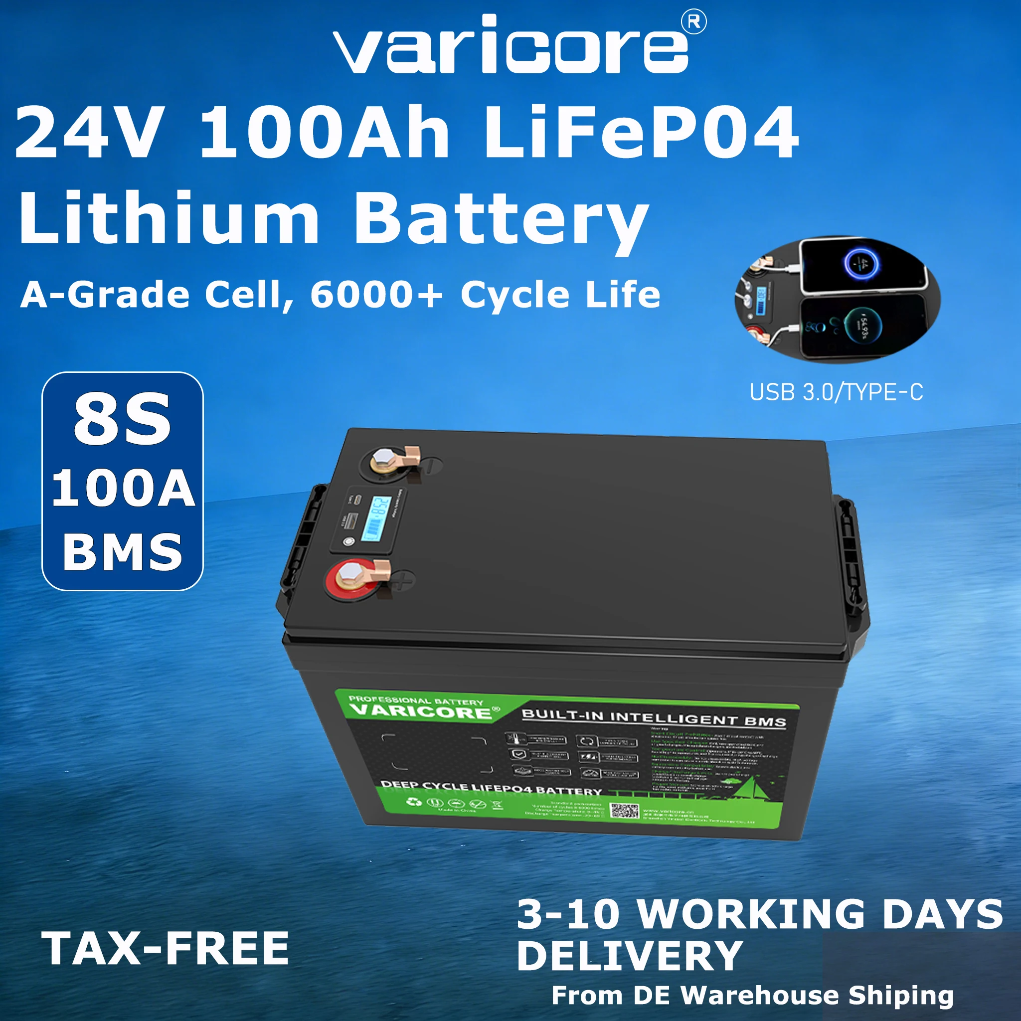 Varicore 24V 100Ah LiFePO4 Batterij met ingebouwde 100A BMS voor Camper/Busjes/Camping/Vissen/Off-grid/Boot/Zonnesysteem