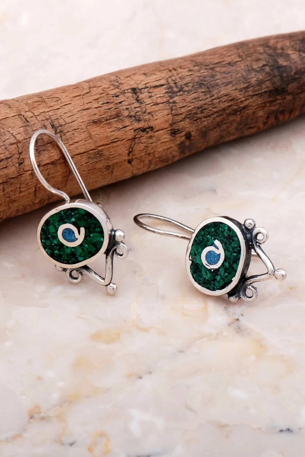 Handmade 925 Real Silver Authentic Ethnic Round Mosaic Dangle Earrings Natural Stone Drop Earrings Birthday Gift for Her Women